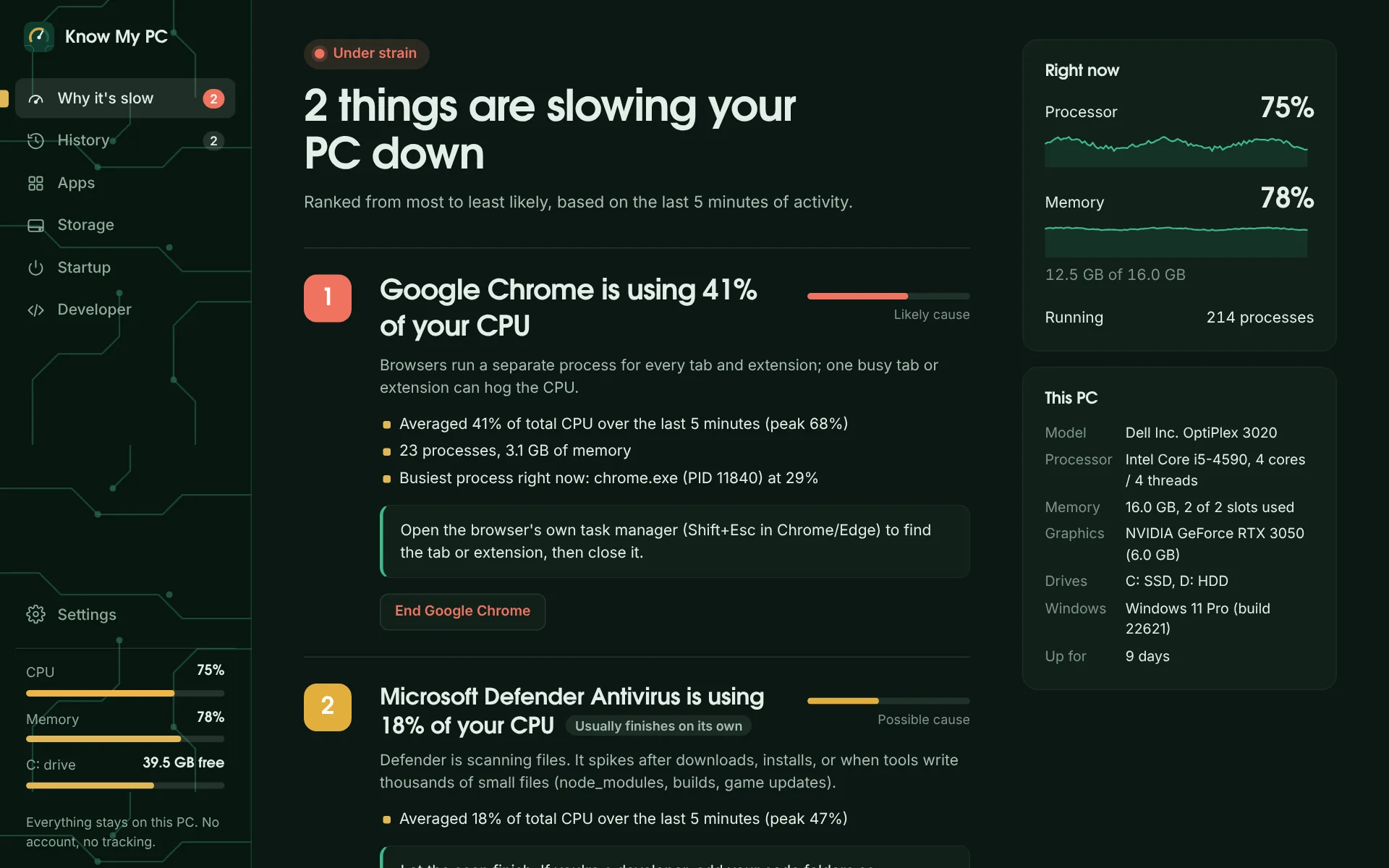 Know My PC ranking two causes of slowness: Google Chrome using 41% of the CPU, and a Defender scan